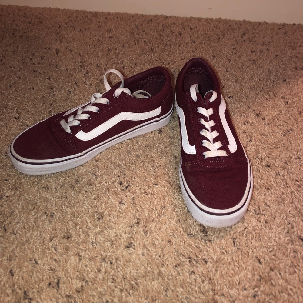 maroon and white low top vans